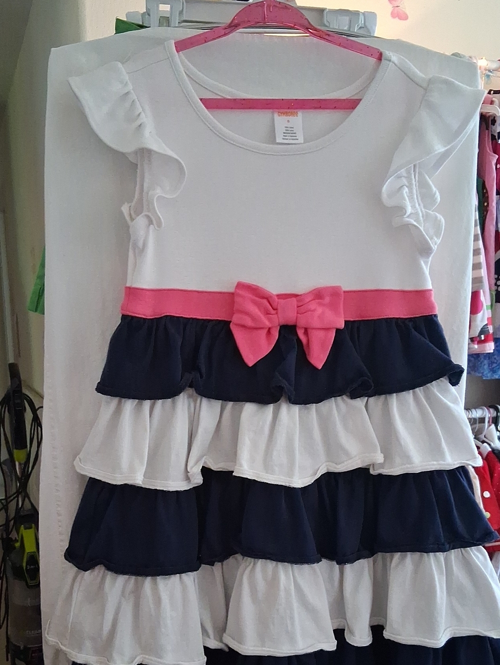 Gymboree White Navy Dress with Pink Bow